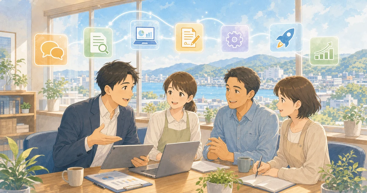 初回相談から共創開発と保守改善までを話し合うソフトアニメ風イラスト
