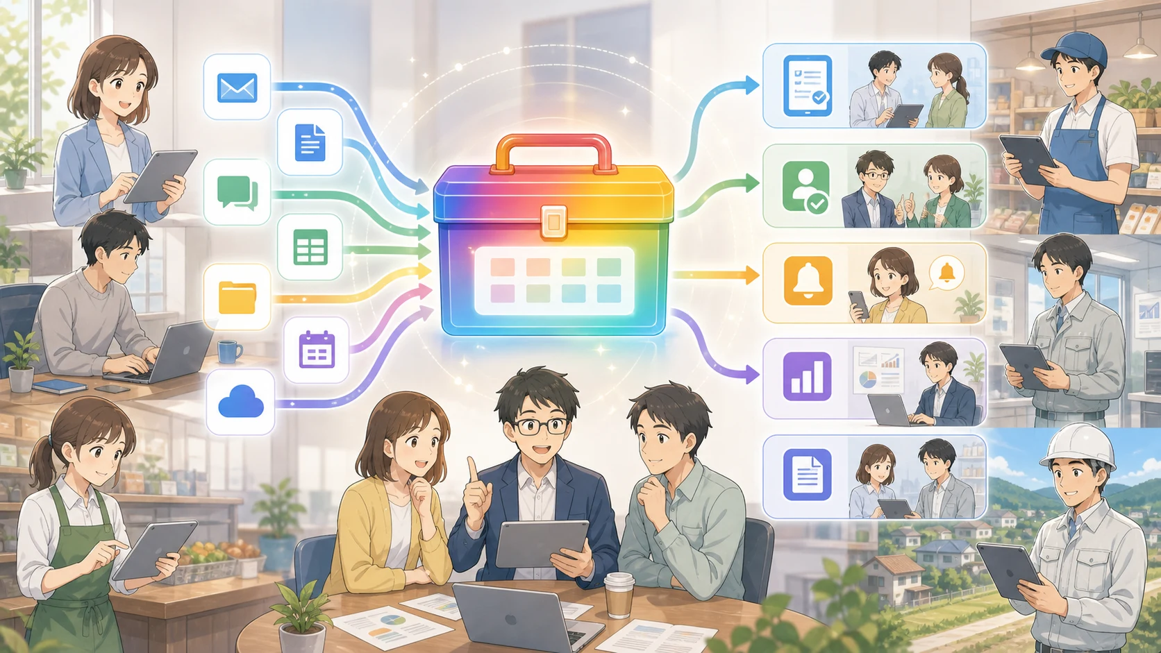 光の道具箱がフォーム、書類、表計算、通知、分析などを現場の業務アプリへつなぐ全体像