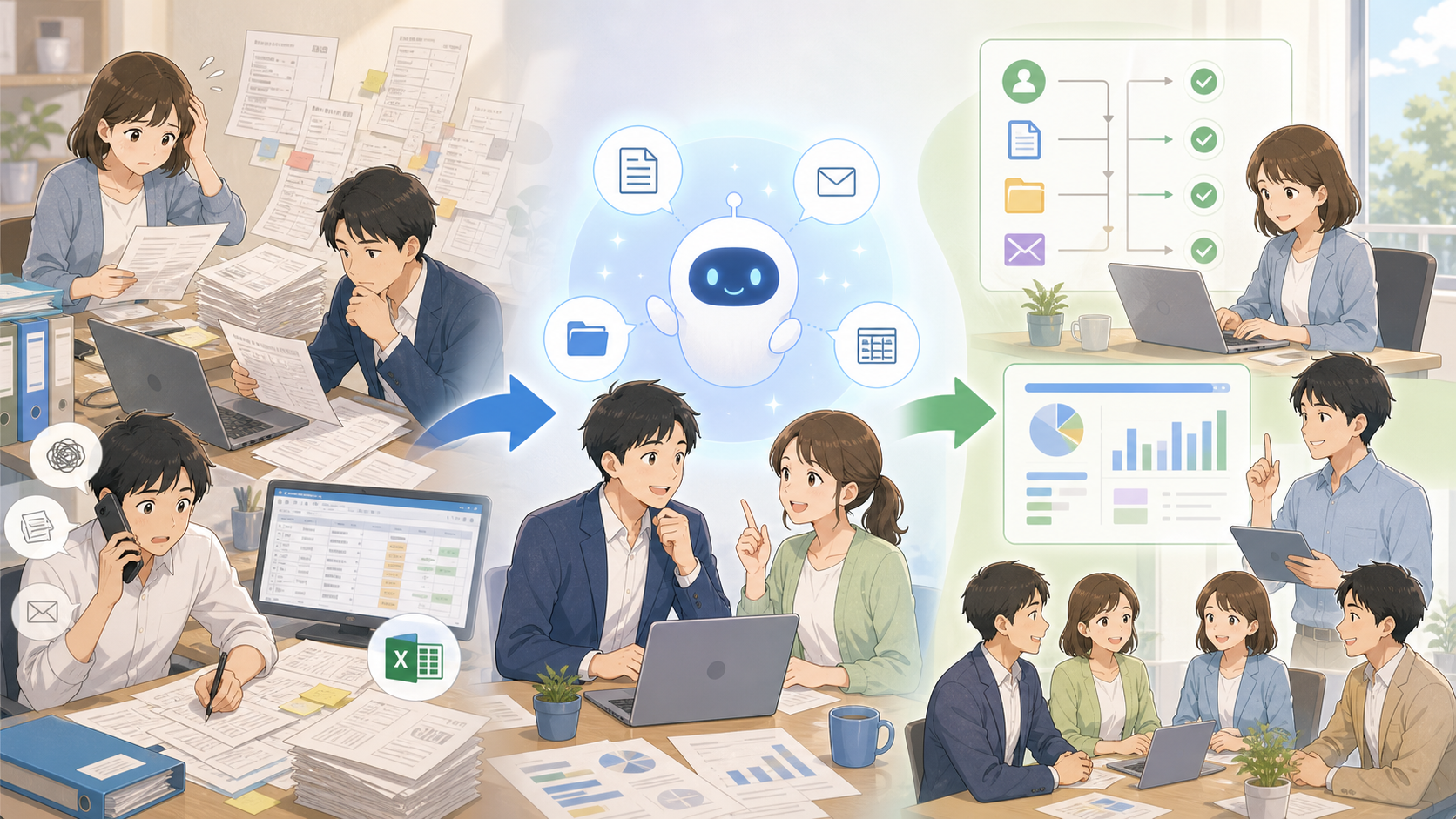 AIとDXで業務プロセスを整理し自動化する様子のやわらかなアニメ調イラスト