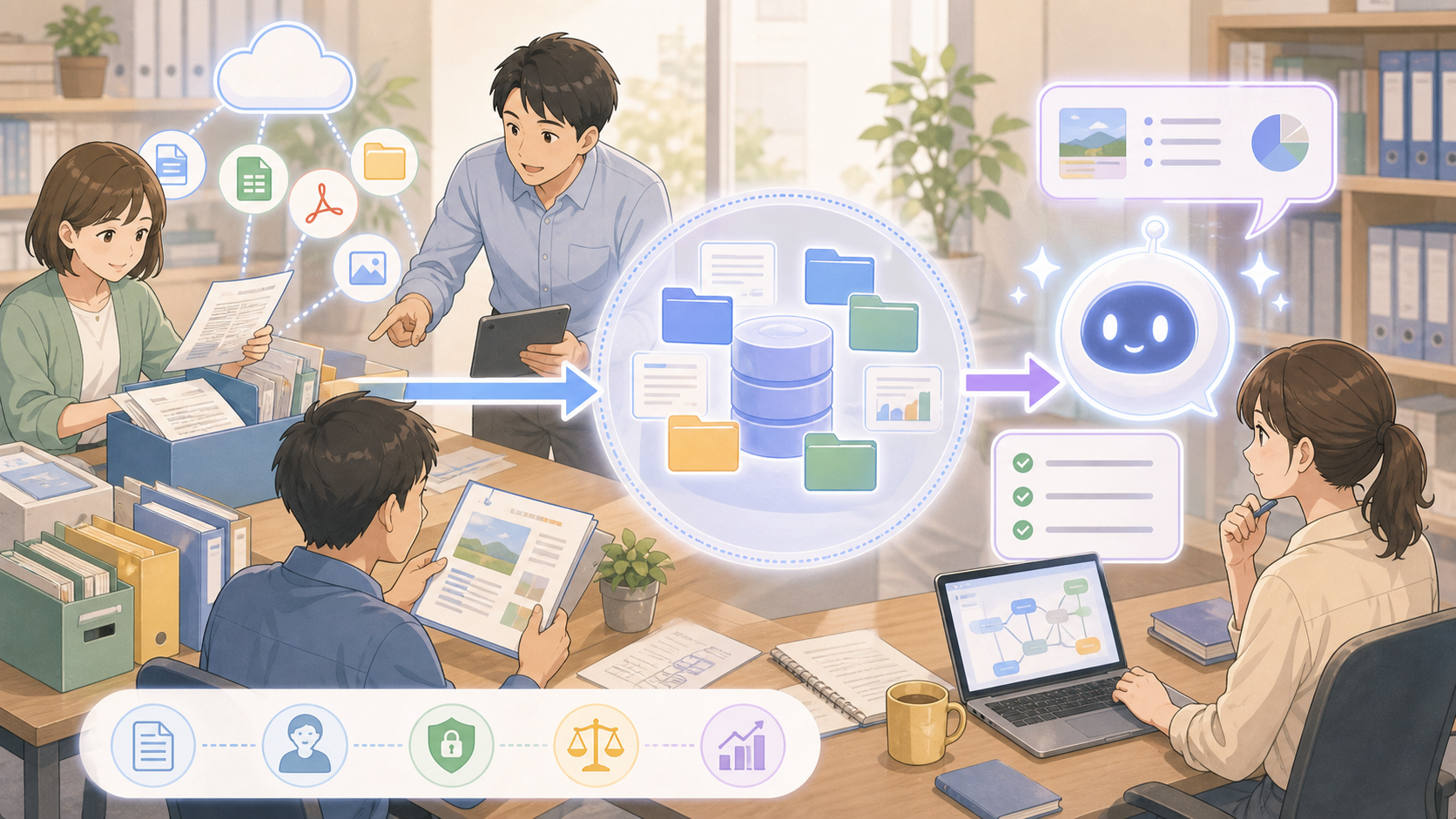 社内資料を整理してAIが参照しやすいデータ基盤に整える様子のやわらかなアニメ調イラスト