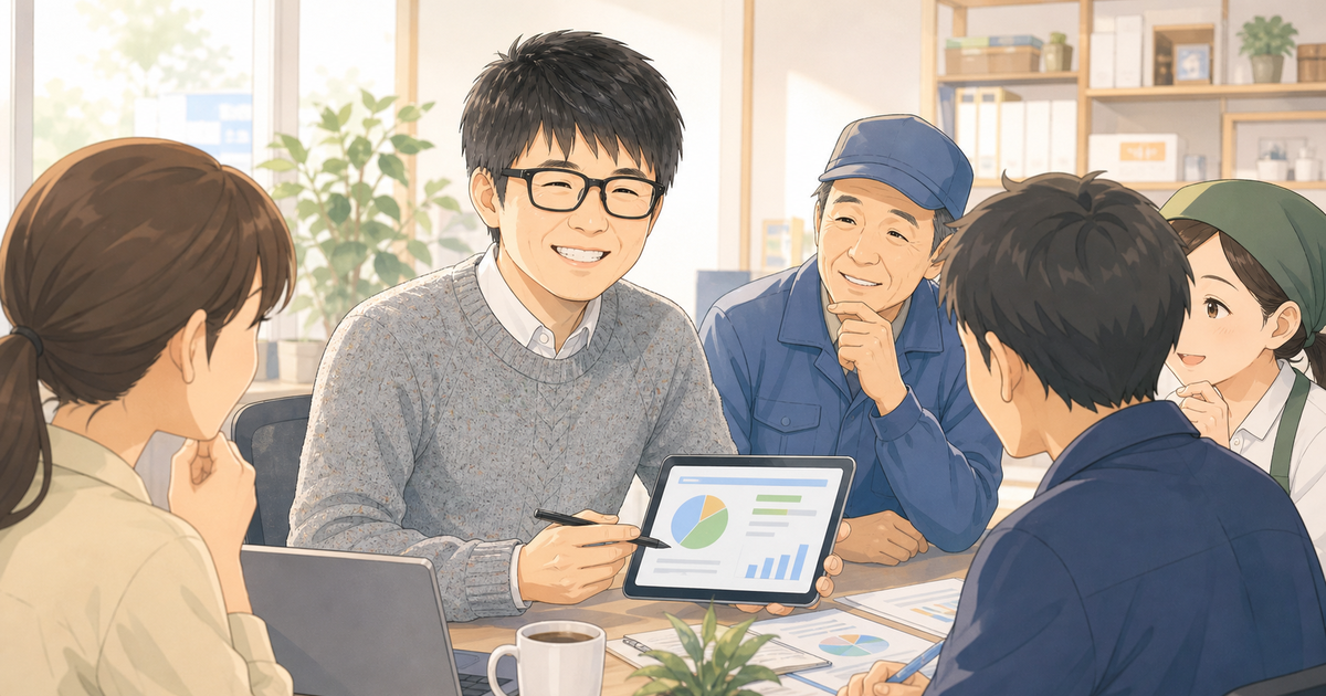 山口が地域企業の経営者や現場担当と業務改善を相談しているやわらかなアニメ調イラスト