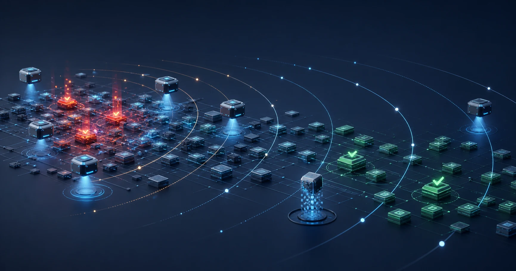 不具合の減少に合わせて検査ノードの実行間隔が広がるAIバグ探索基盤の概念図