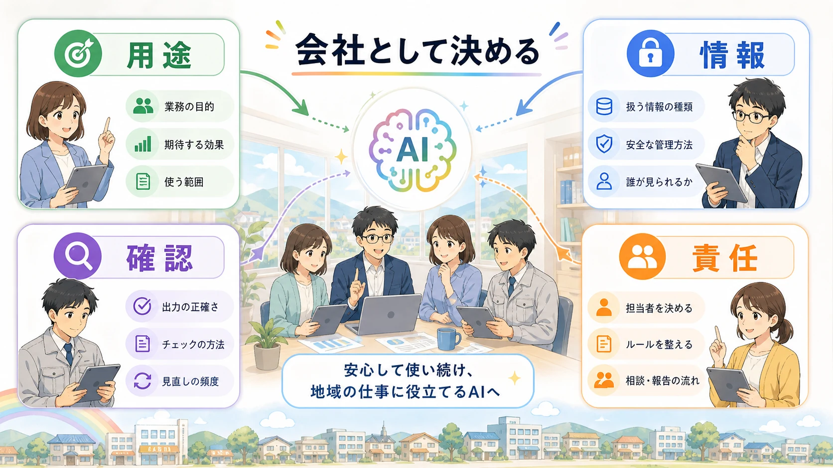 AI導入前に用途、情報、確認、責任を会社として決める図解