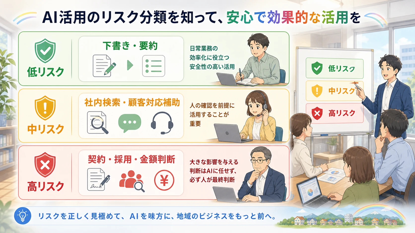AI利用を低リスク、中リスク、高リスクに分ける図解