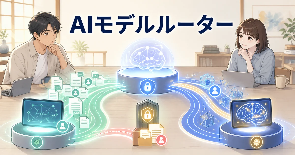 共有メモリを中心に通常処理と難問処理を安全に振り分けるAIモデルルーターのイラスト