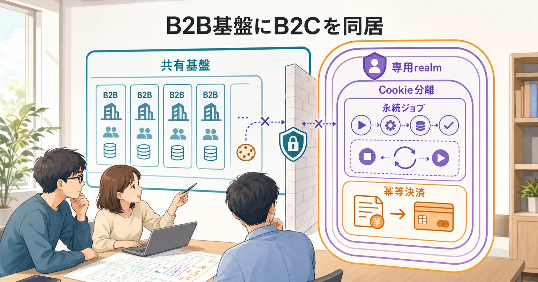 B2B前提のマルチテナント基盤に、B2Cサブスクリプションを1テナントとして同居させる設計のアイキャッチ