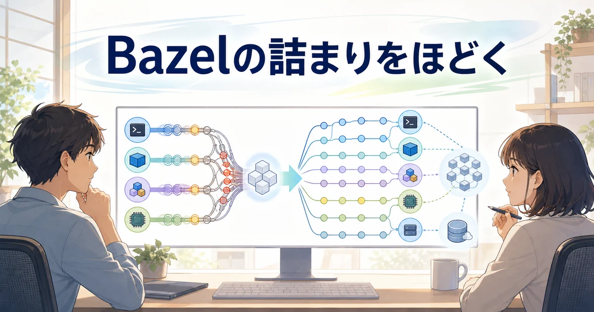 Bazelの直列化した処理を複数の並列経路へ組み替える技術者のイラスト