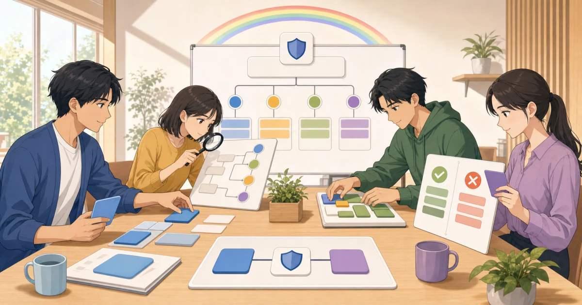 要件設計、既存調査、限定実装、独立レビューの4役が明るい開発室で協働するイラスト