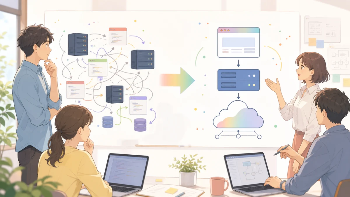 分散した実行系をGo、エッジ、Single SPAの構成へ整理する技術者のイラスト