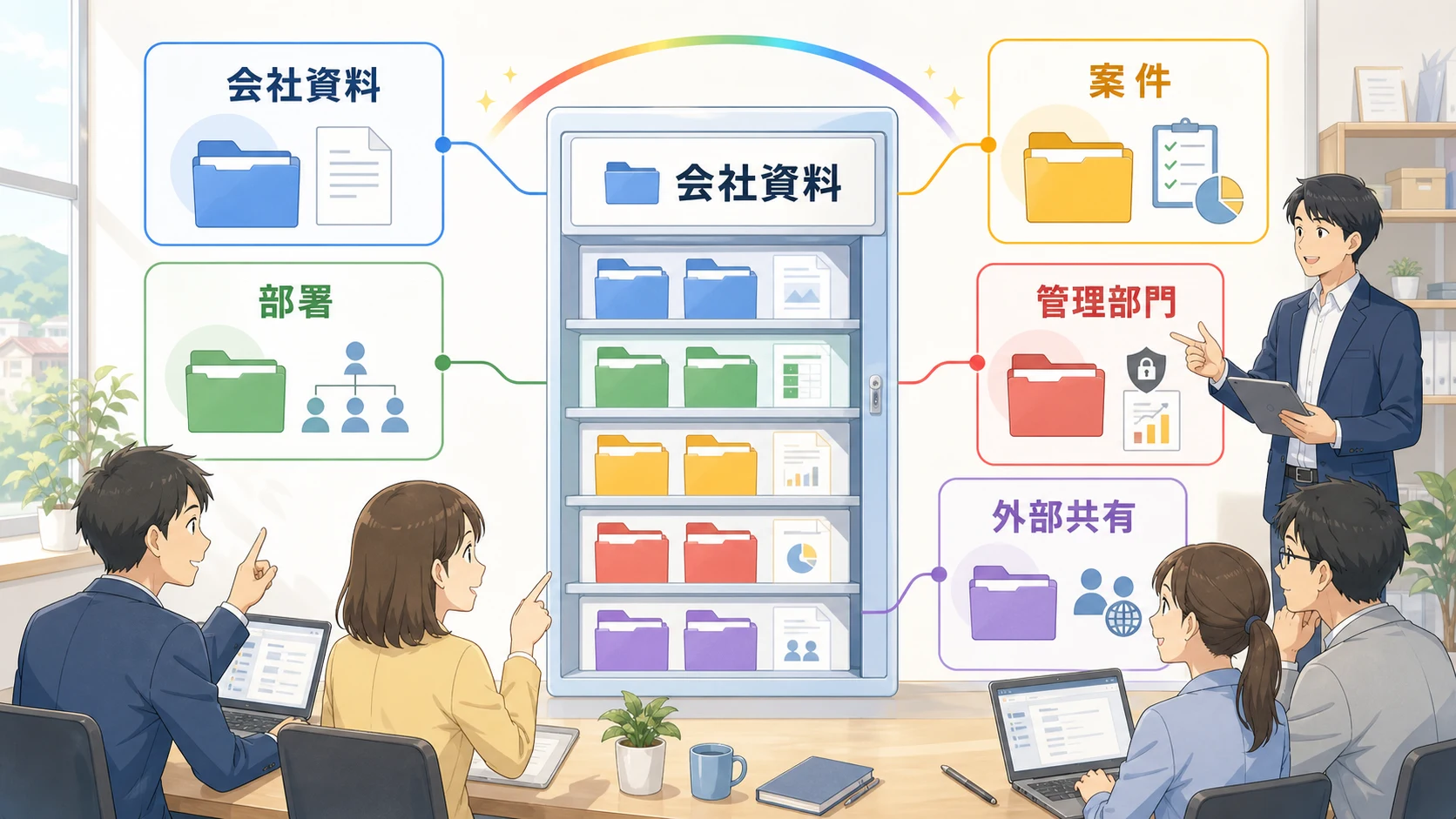Google Driveと共有ドライブを会社資料、部署、案件、管理部門、外部共有に分けて設計する図解