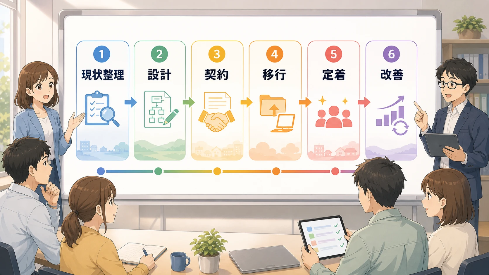 Google Workspace導入を現状整理、設計、契約、移行、定着、改善の流れで進める図解