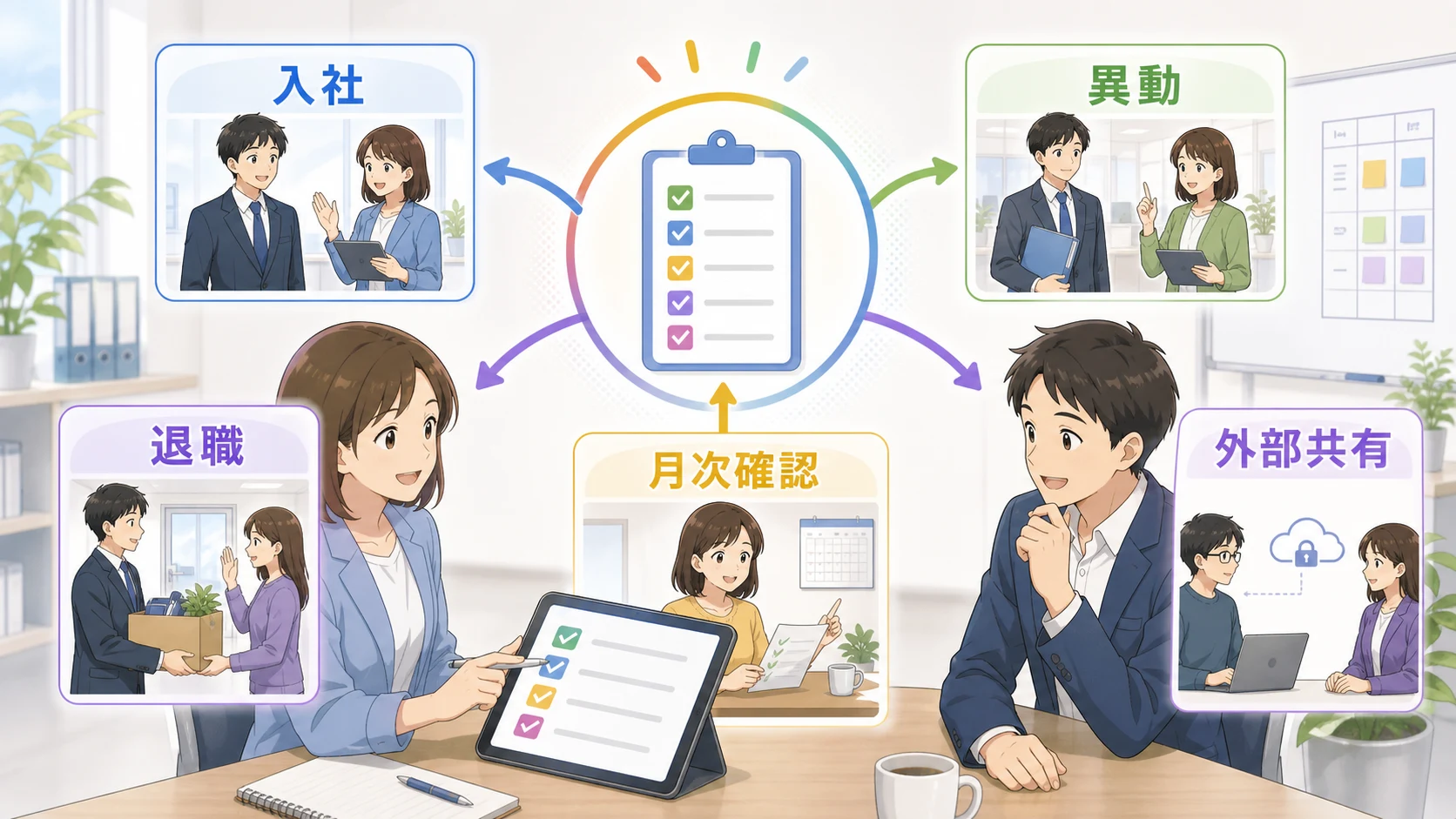 Google Workspace運用で入社、異動、退職、月次確認、外部共有を確認する図解