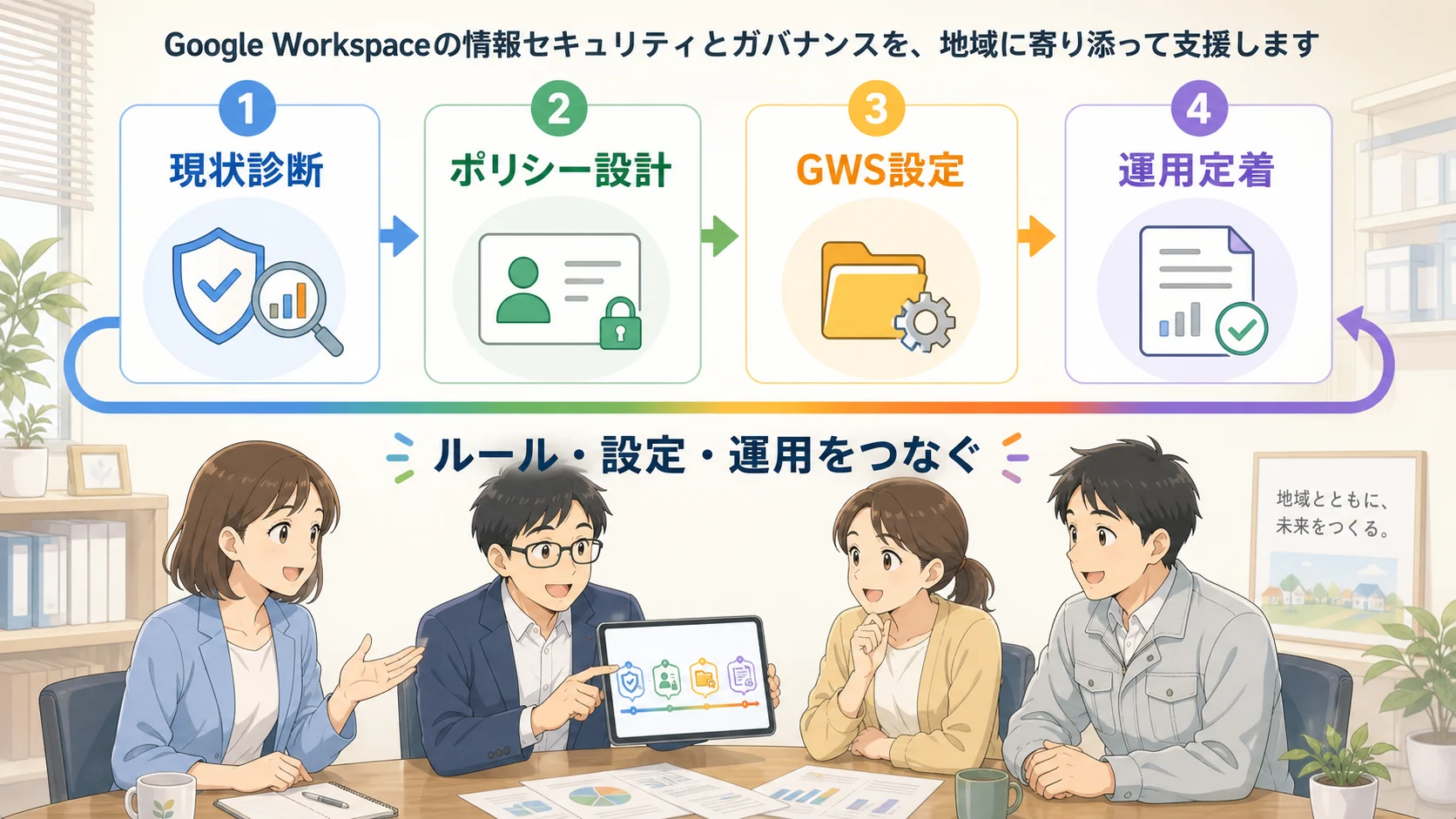 現状診断、ポリシー設計、GWS設定、運用定着をつなぐ図解