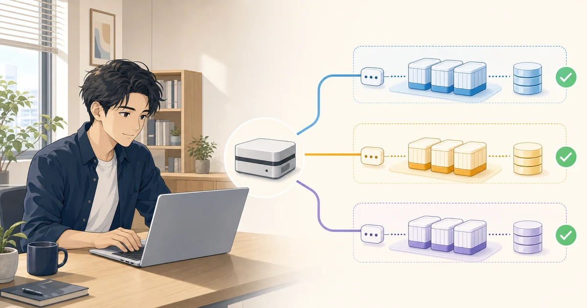 共有ランタイム上で複数のworktreeを独立した実行環境に分けるイラスト