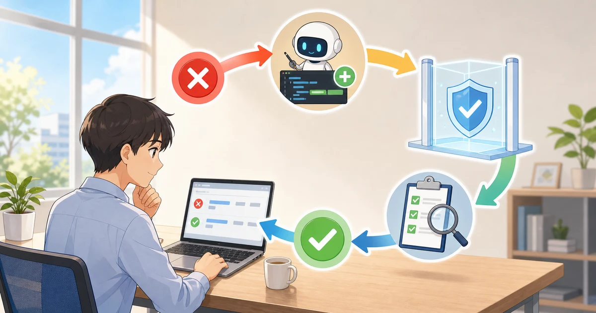 CIの失敗検知から安全なAI修正と再検証へ進むイベント駆動リペアループのイラスト